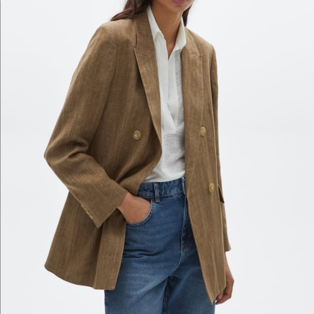 Massimo Dutti Camel Brown Striped Linen Blazer Size 6